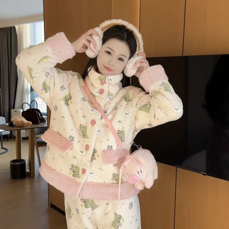（甜妹龙）冬季加厚保暖可爱精气质毛绒绒睡衣高领家居服女可外穿