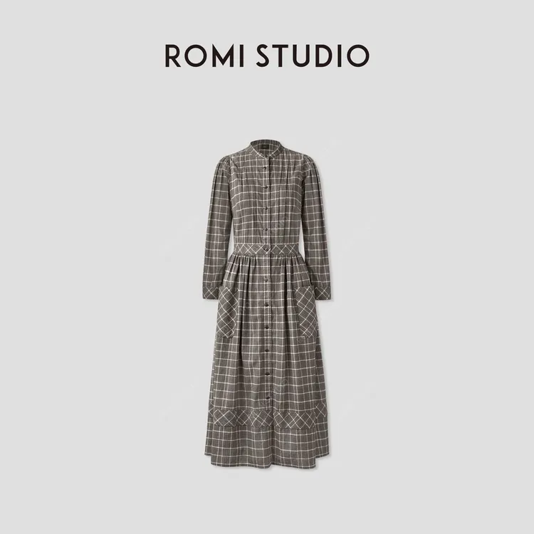 ROMI STUDIO“美式复古”100%长绒棉错位斜裁格子连衣裙 RWCALY4792