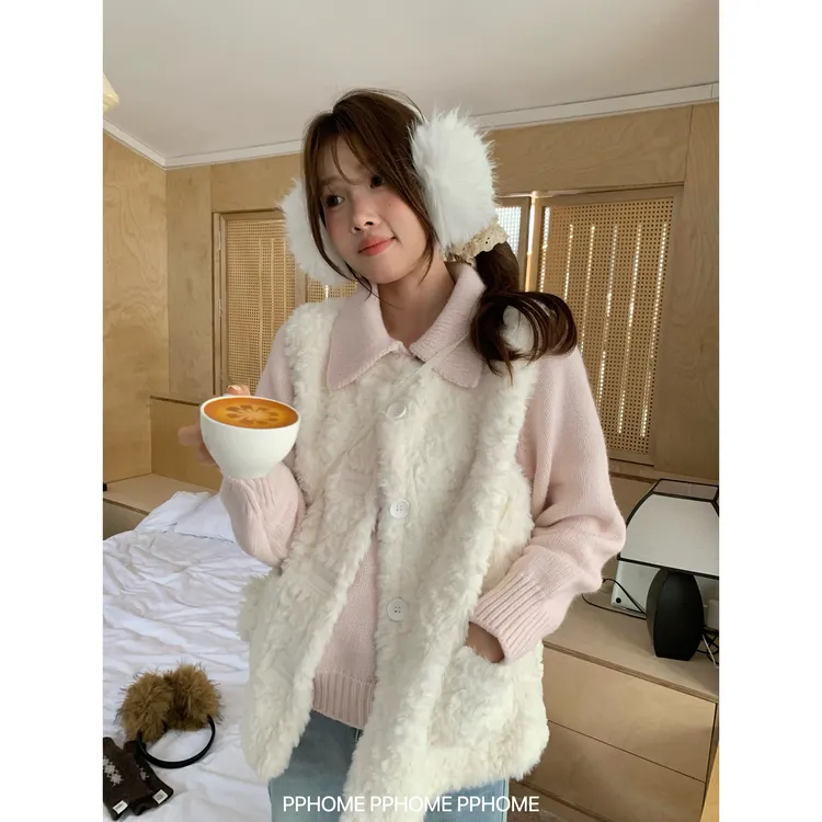 软乎毛毛马甲秋冬皮毛一体背心百搭保暖外套针织衫女宽松百搭上衣