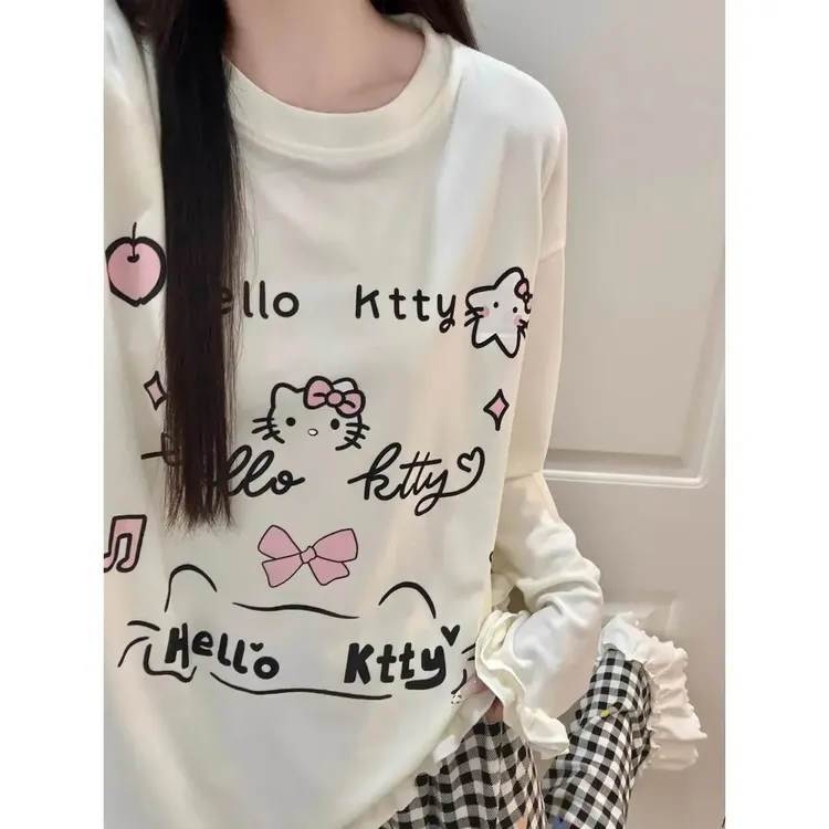 秋冬加厚德绒保暖睡衣女款2025新款卡通Hellokitty格子家居服套装
