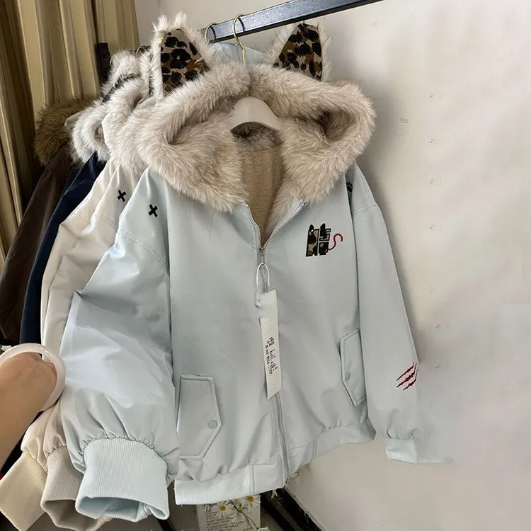 加绒加厚冬季复古豹纹耳朵厚绒连帽棉衣外套宽松百搭2025网红棉服