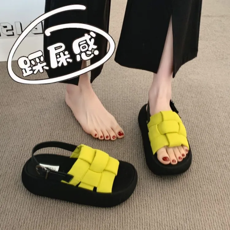 厚底编织罗马凉鞋女2025新款夏季配裙子时尚休闲沙滩一字拖鞋34码
