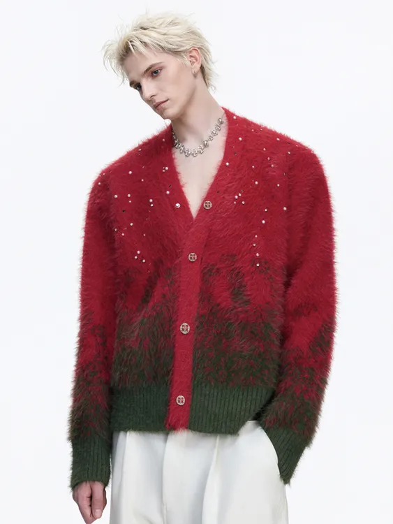 AR CulturE凛冬将至*仿貂毛渐变撞色圣诞毛衣男 镶钻针织开衫外套