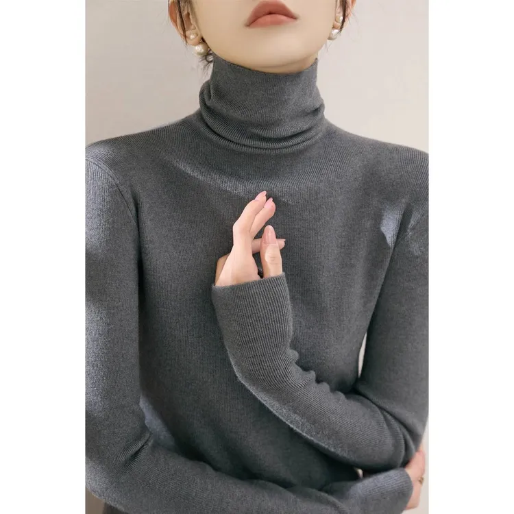 高领软糯针织衫女2025春秋新款内搭上衣洋气灰色打底衫堆堆领毛衣