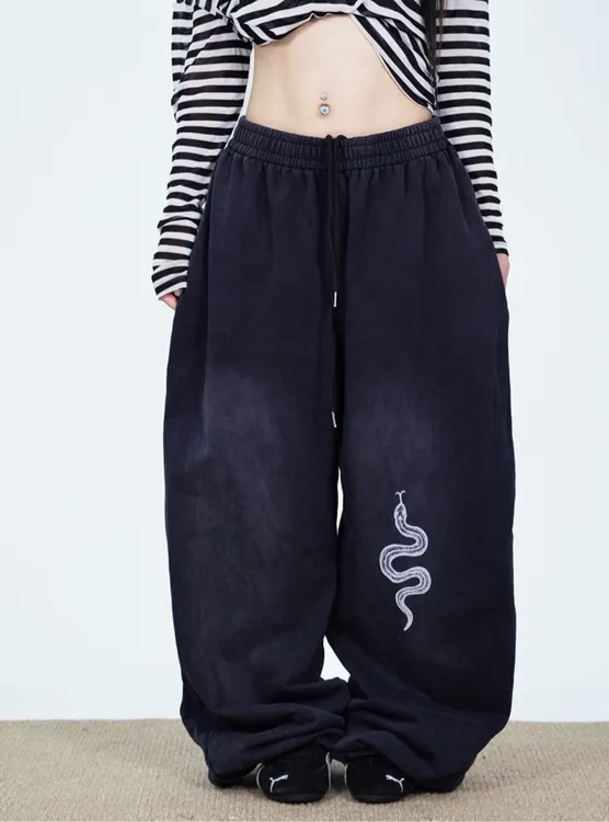 SUANS原创自制水洗复古做旧小蛇印花街头宽松运动休闲跳舞运动裤