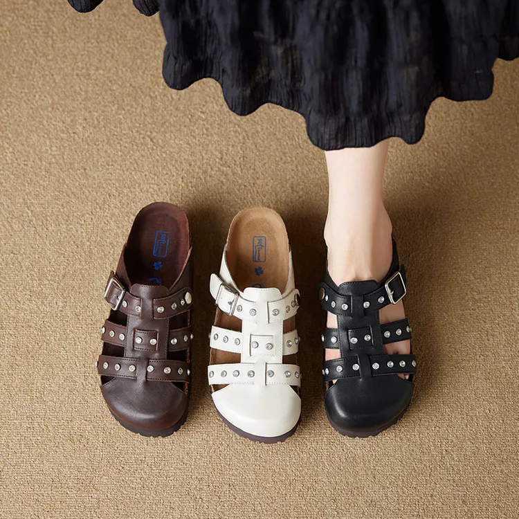 头层牛皮丨时尚水钻平底勃肯拖鞋厚底软木无后跟包头凉拖鞋女外穿