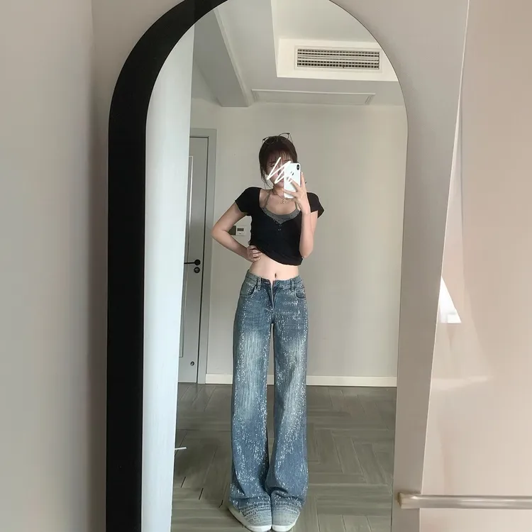 【银河碎钻】6w颗矿灰钻石重工牛仔裤2025新款女夏季宽松直筒长裤
