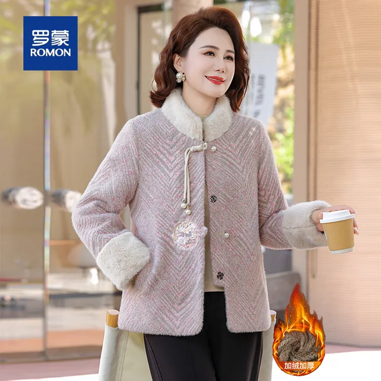 罗蒙中老年女装妈妈装秋冬季加绒加厚水貂绒外套女阔太太气质上衣