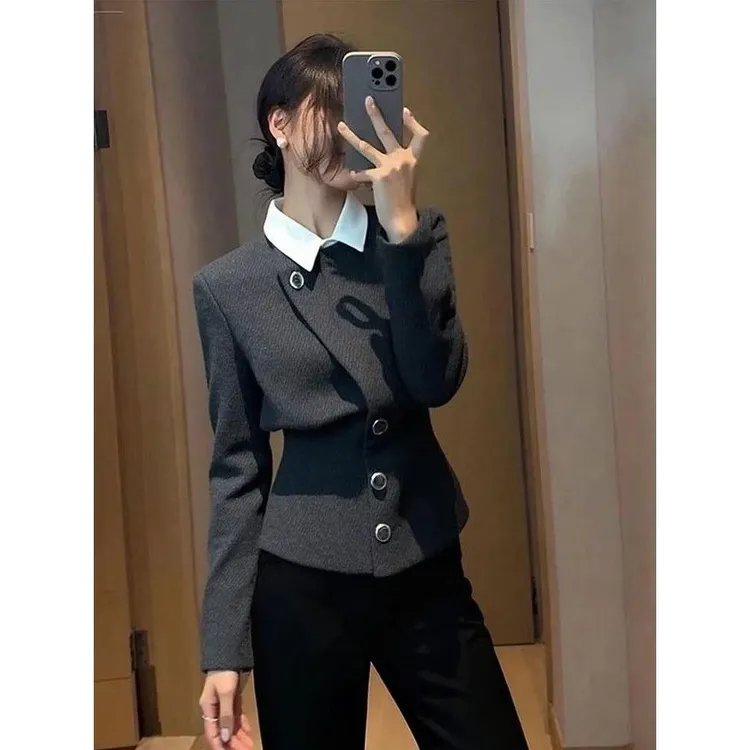 SS2991气质高级感小香风含羊毛外套2025秋收腰显瘦假两件裤子套装