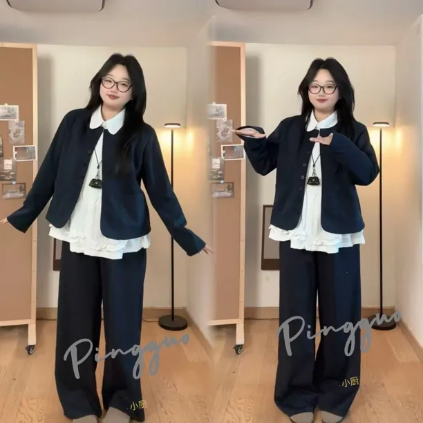 秋季新款大码韩系时尚圆领开衫Polo领通勤衬衫宽松阔腿裤套装