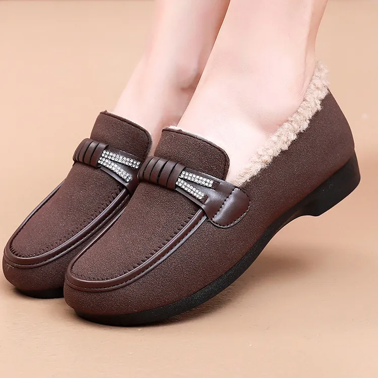 冬季加绒保暖豆豆鞋女休闲外穿软底一脚蹬中老年妈妈鞋老北京布鞋