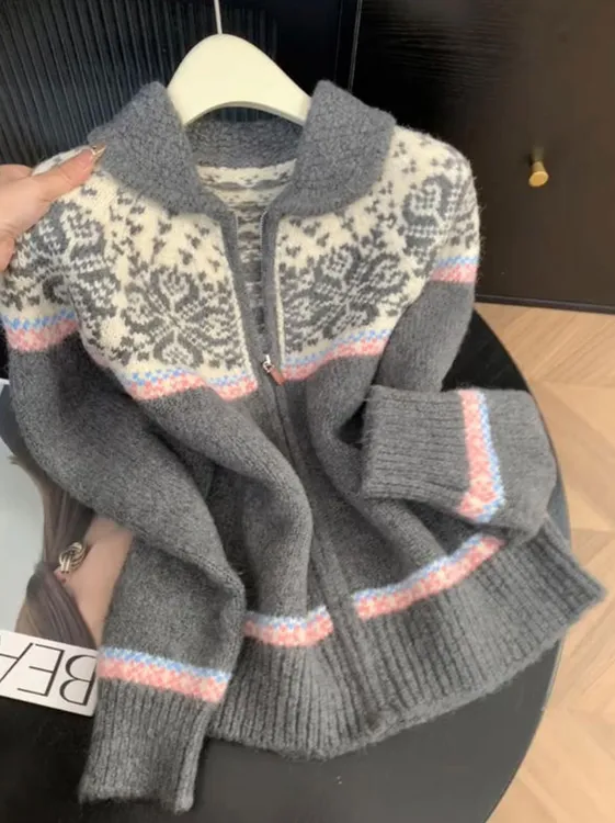 费尔岛提花纹撞色翻领拉链毛衣开衫2026秋冬新款时髦慵懒风上衣潮