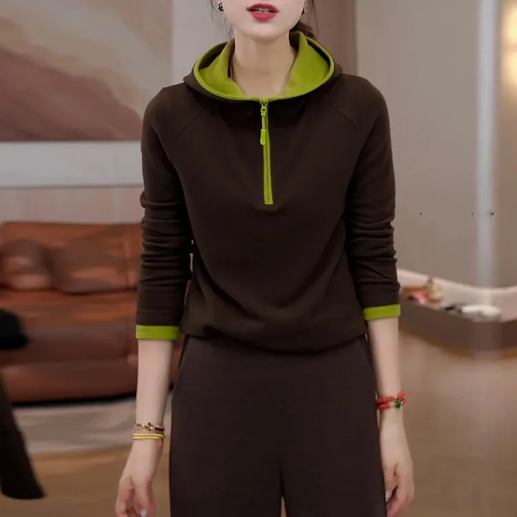 韩系拼色连帽卫衣女2026春秋冬新款气质时尚休闲百搭显瘦撞色上衣