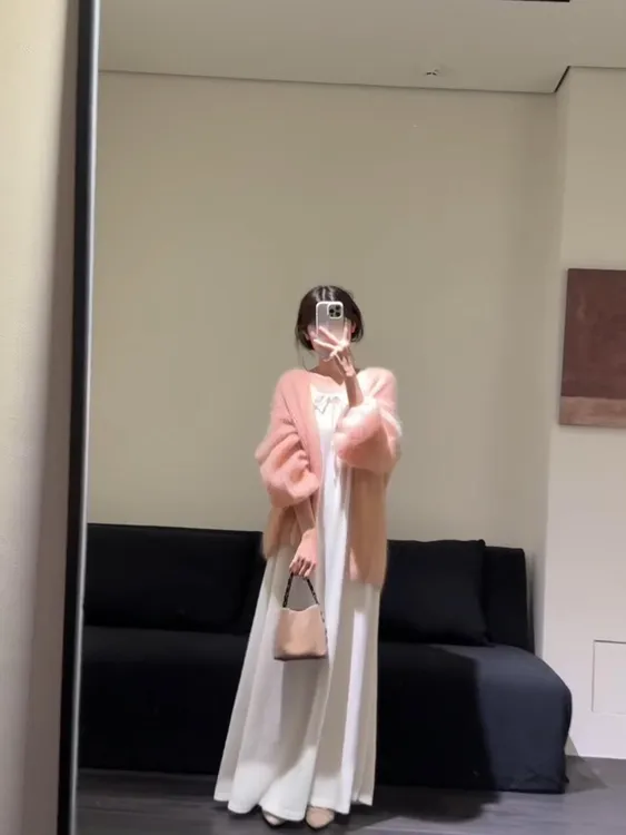 慵懒温柔风穿搭浅粉气质针织开衫外套休闲宽松显瘦百搭连衣裙套装