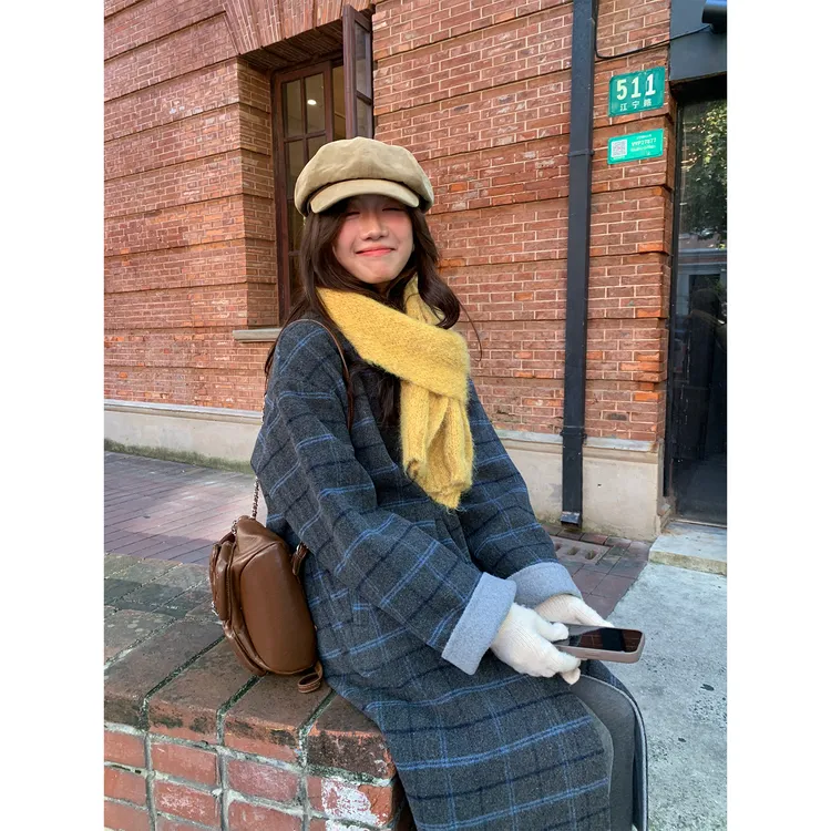 【西西里安】 港岛冬日叙~韩版格子撞色绵羊毛手工双面穿大衣