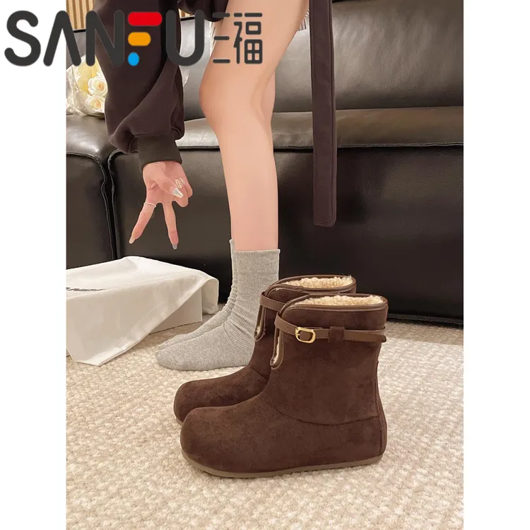 三福【亦菲同款】两穿加绒加绒雪地靴女2025冬季爆款百搭毛绒短筒靴