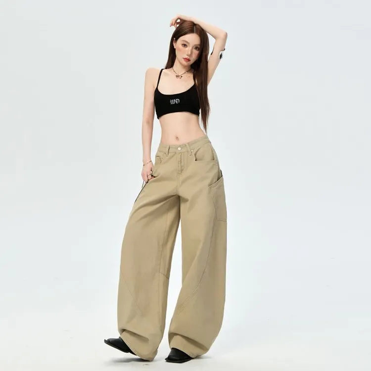 【全额运补】卡其色美式复古设计感大口袋弯刀牛仔裤女拖地阔腿裤