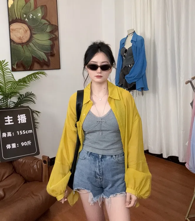 超薄裸肤感防晒衬衫oversize灯笼袖慵懒风透气清凉薄款防嗮衬衫