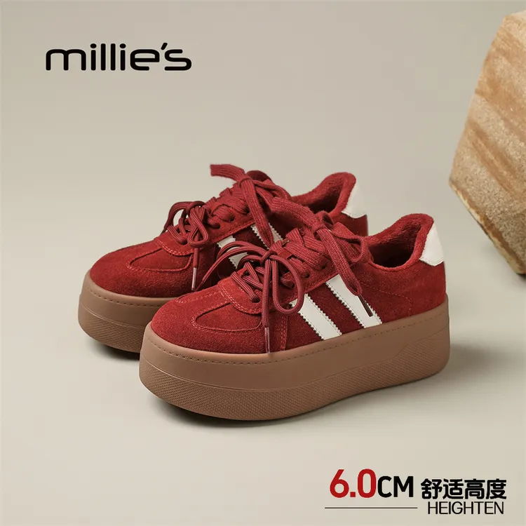 妙丽红色鞋子德训鞋爆款2025新款冬季加绒加厚保暖女鞋厚底女板鞋