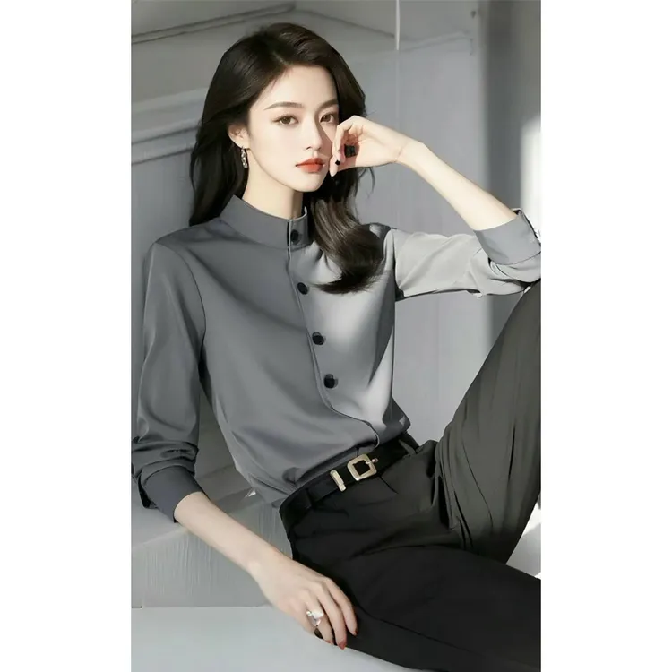 法式立领长袖衬衫女春秋2025新款职业通勤休闲裤气质高级感套装