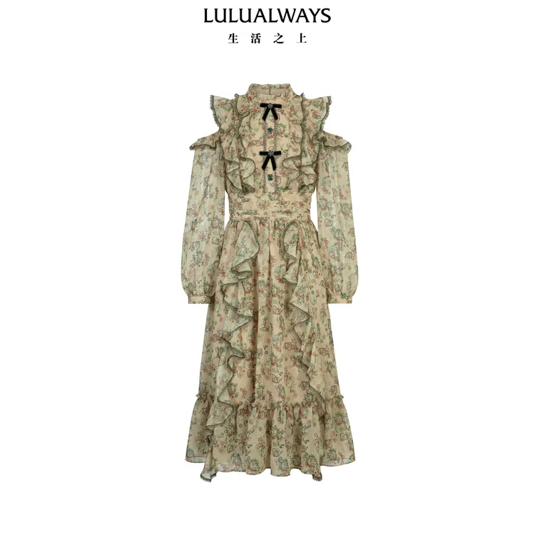 LULUALWAYS我爱露露26春季新款法式复古长袖收腰显瘦荷叶边连衣裙