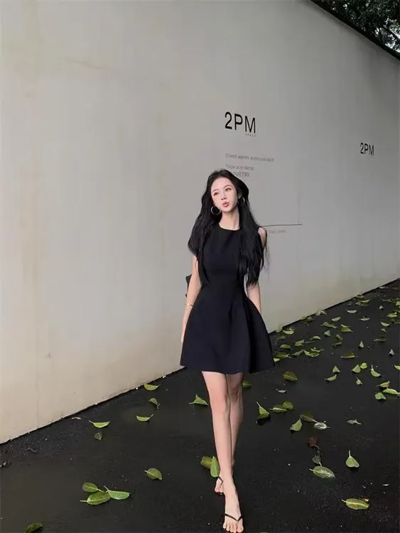 裙长90西装面料高个子加长连衣裙女夏款高级感显瘦短裙气质小黑裙