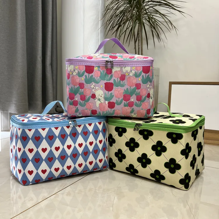 25升双拉链带盖可折叠内衣化妆收纳包布艺防潮水洗郁金香内裤蓝桃