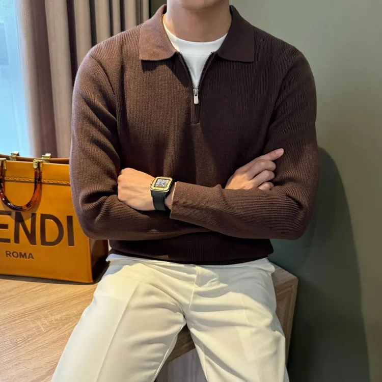 WUSHE物社【轻奢简约】男士意式休闲POLO领毛衣秋冬纯色拉链针织衫
