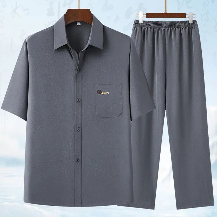 男士薄款中老年短袖衬衫爸爸夏装唐装套装中国风爷爷冰丝半袖衬衣