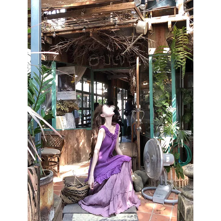 FRVXO【葡萄奶昔】清凉一夏紫葡萄花边无袖背心长款半身裙女套装