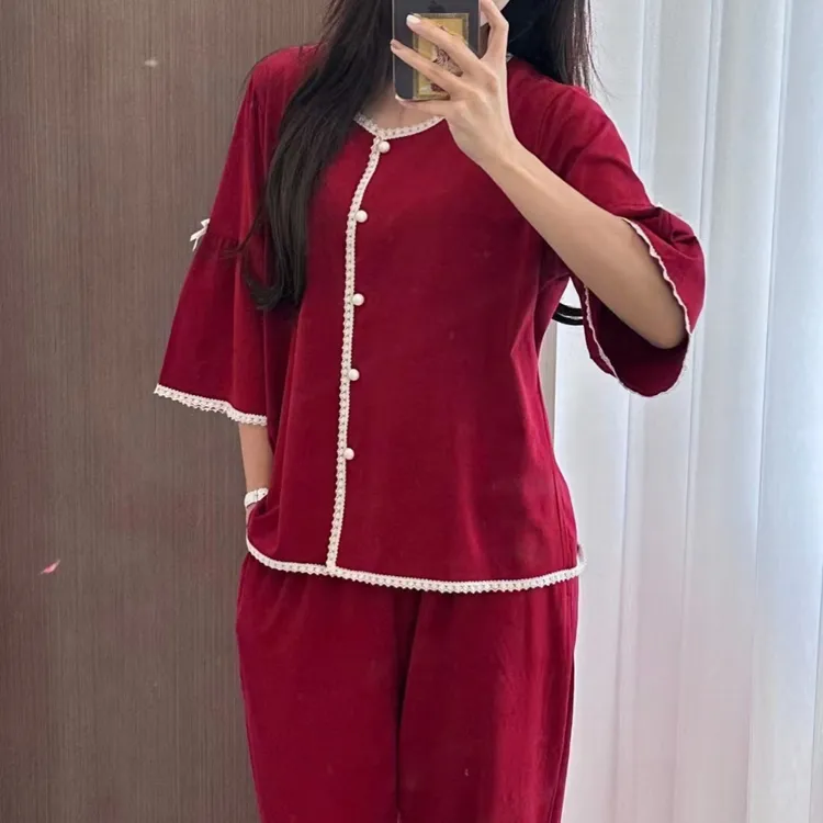 红色八分袖长裤女士春秋季甜美风家居睡衣