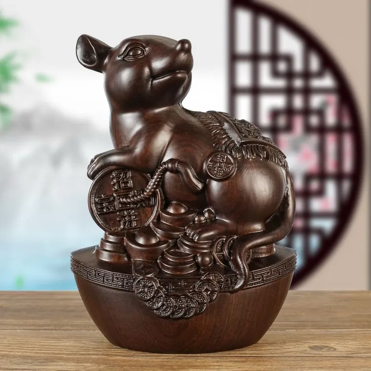 黑檀木实木老鼠实木雕刻十二生肖摆件元宝鼠家居木雕红木工艺礼品
