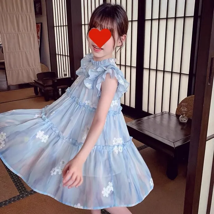 2025新款夏季蓝色花边连衣裙女童甜美公主裙百搭出游裙子
