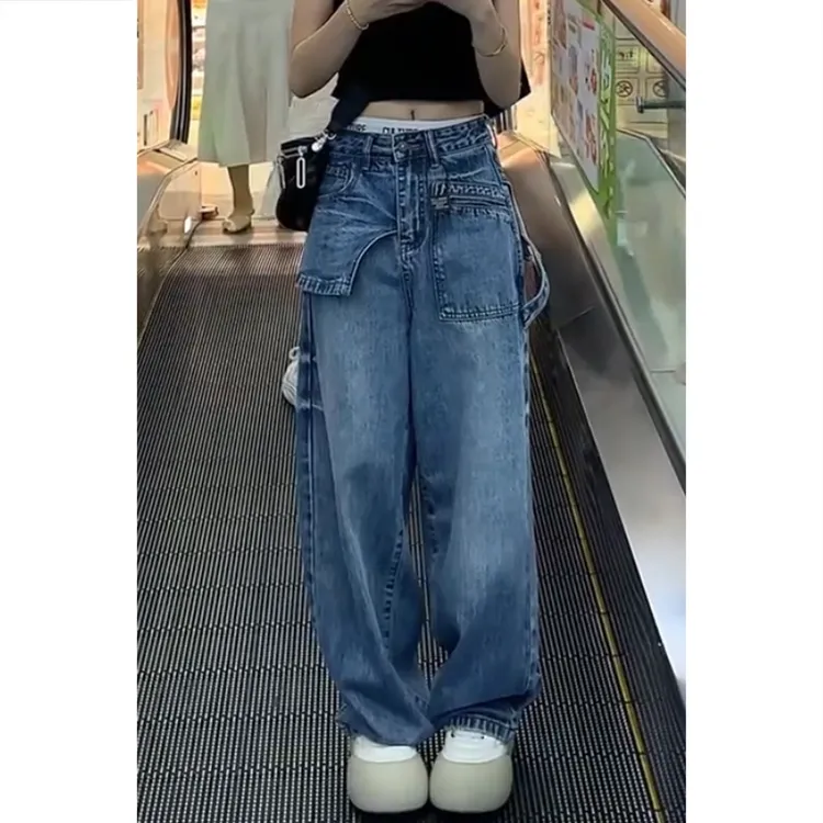 艾塔莉牛仔裤高腰宽松拖地裤腰封款拼接阔腿裤早秋女新款裤子长裤