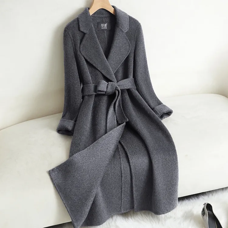 高端双面羊毛大衣女长款秋冬季灰色正肩羊毛呢外套时尚修身赫本风