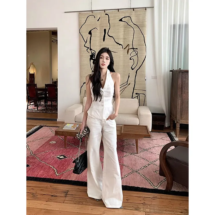 法式千金风时尚无袖露肩露背马甲上衣夏季新款休闲百搭纯色阔腿裤