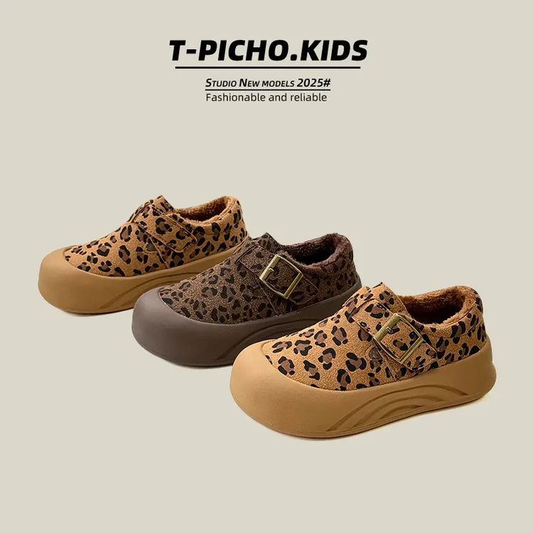 儿童豹纹鞋二棉勃肯鞋2025年冬季新款女童休闲鞋加绒男童鞋-9928