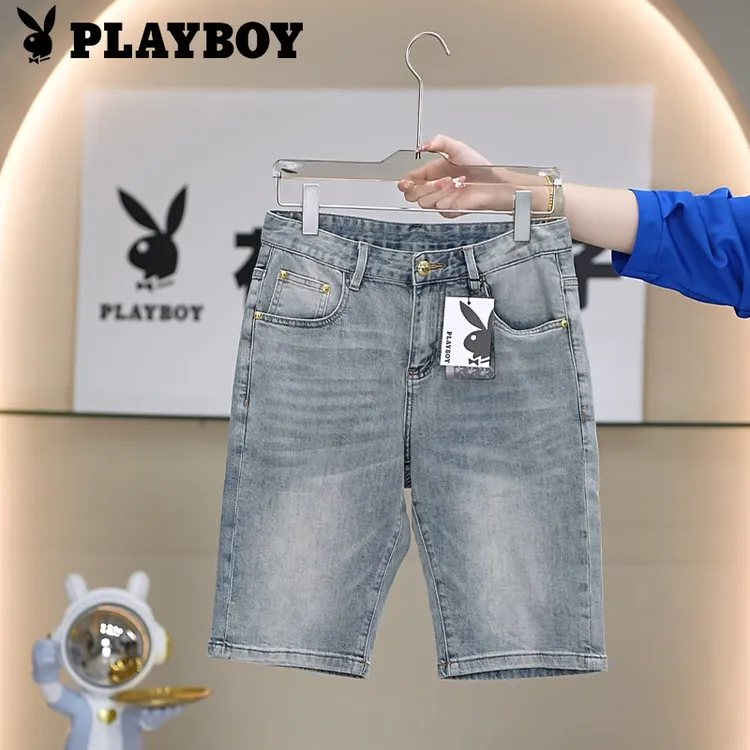 PLAYBOY/花花公子夏季薄款男士修身小直筒透气百搭牛仔短裤