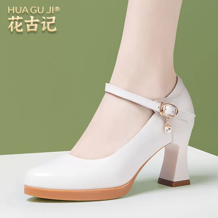 真皮旗袍高跟新款百搭皮鞋百搭鞋子粗跟单鞋婚鞋粗跟高跟鞋