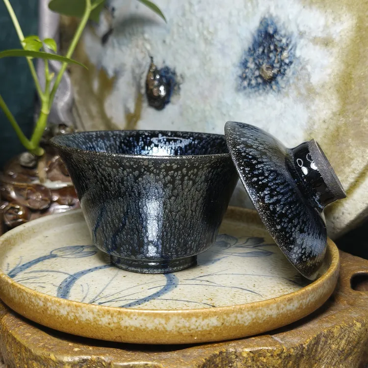 建窑建盏电烧黑底银滴托底烧全包釉盖碗主人杯盏杯盏茶陶瓷精美