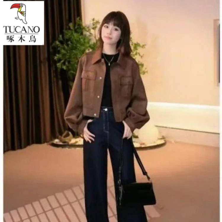 啄木鸟翻领工装短外套春季新款小个子女韩版宽松显瘦短款夹克上衣