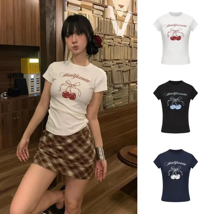 美式甜辣妹正肩短袖t恤女夏季樱桃印花小众修身显瘦百搭短款上衣
