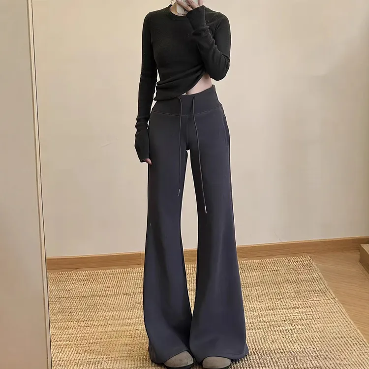 微喇裤女秋冬加绒加厚2025新款高腰条纹显瘦垂感宽松慵懒风直筒裤