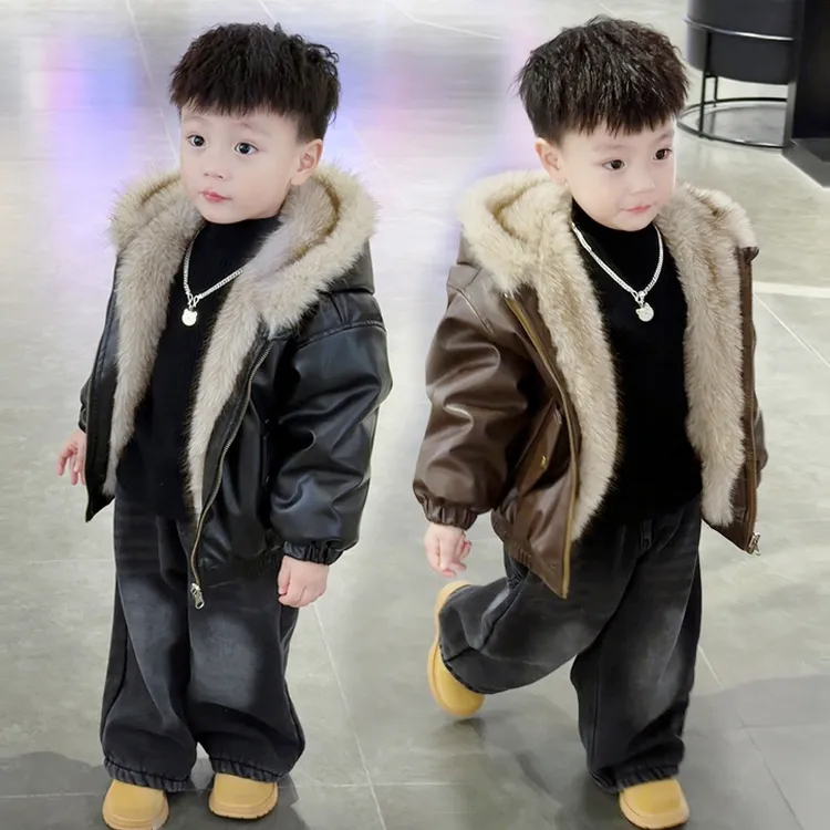 男童加绒加厚皮衣外套2025新款洋气痞帅冬装夹克男孩连帽两面穿潮