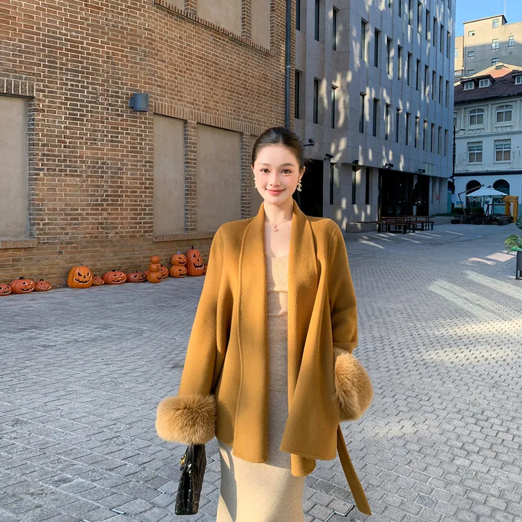 高级感气质双面羊绒大衣女冬季新款韩版小个子狐狸毛袖口毛呢外套