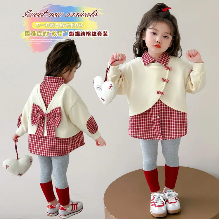 女小童秋季新款韩系甜美后背蝴蝶结格子打底裤套装