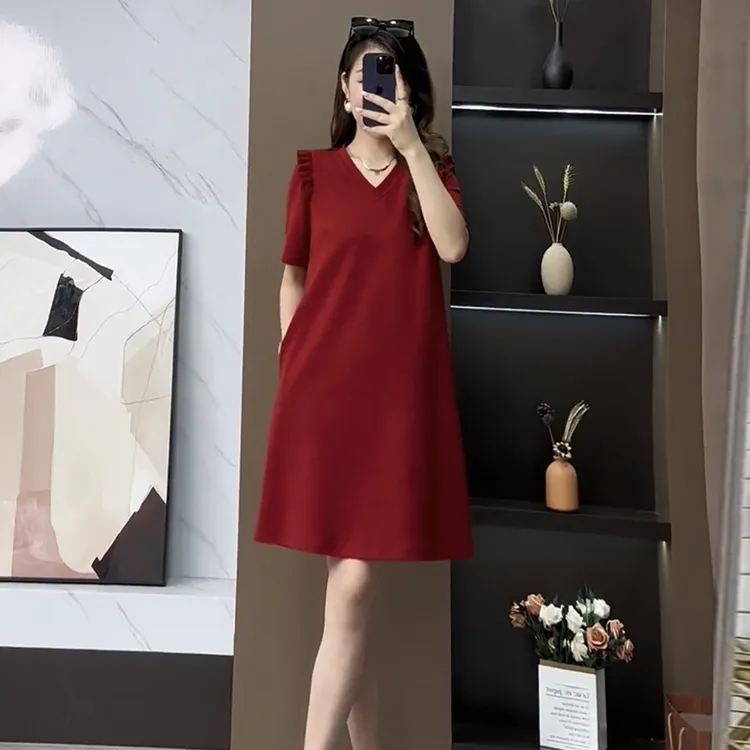 设计感高端短袖遮肉中长体T恤裙子2025夏季新品减龄气质连衣裙女