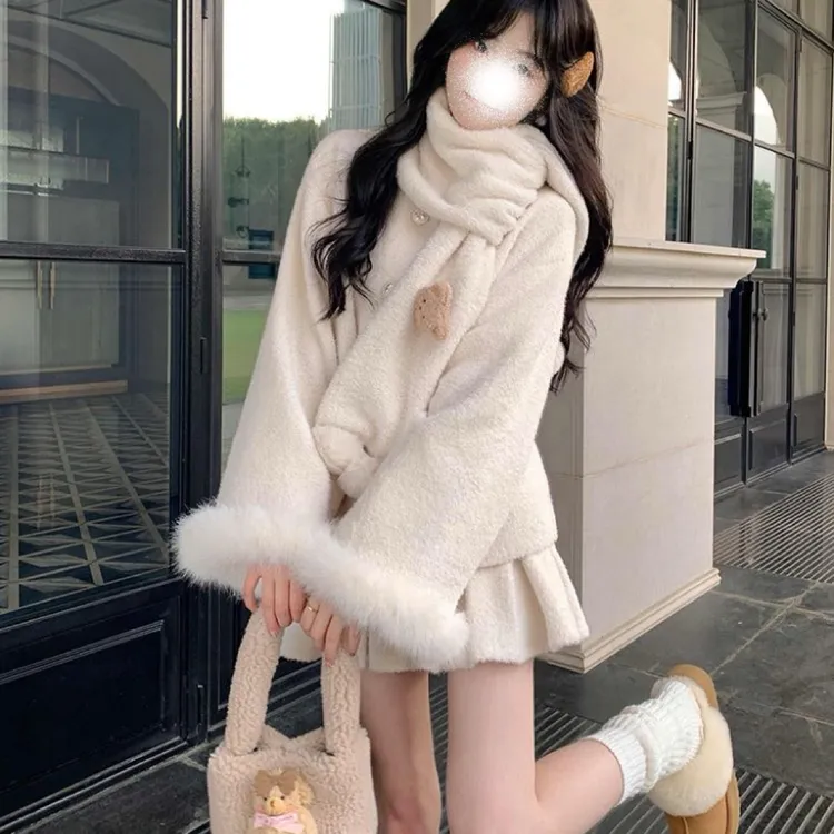 安纳茜童话 甜美可爱加绒外套半裙套装冬日学院小个子叠穿两件套