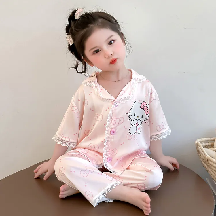 女童冰丝睡衣夏季薄款洋气儿童女宝宝卡通可爱小女孩公主风家居服