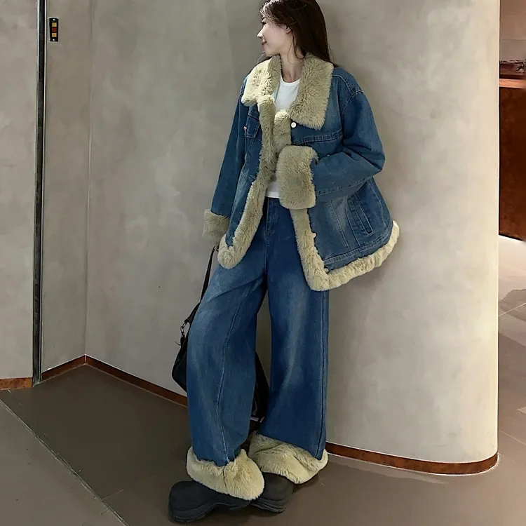 秋冬小众高级感小香风宽松长袖牛仔外套显瘦长裤设计感两件套女装